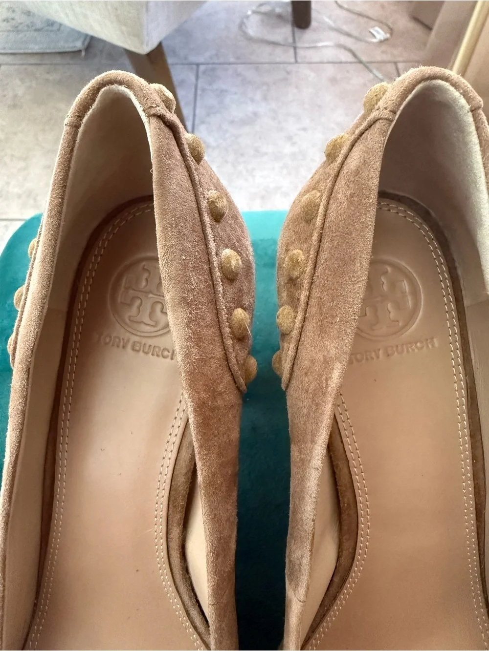 Tory Burch Colt Women’s Suede Block Heel Pumps in light brown with Stud Detail